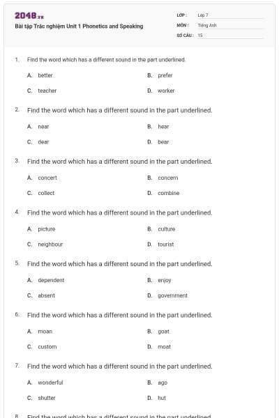 Bài tập Trắc nghiệm Unit 1 Phonetics and Speaking