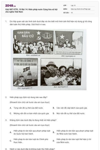 Giải SBT KTPL 10 Bài 14: Hiến pháp nước Cộng hòa xã hội chủ nghĩa Việt Nam