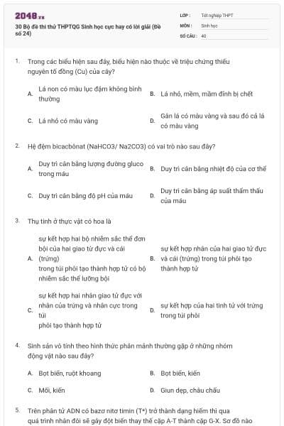 30 Bộ đề thi thử THPTQG Sinh học cực hay có lời giải (Đề số 24)