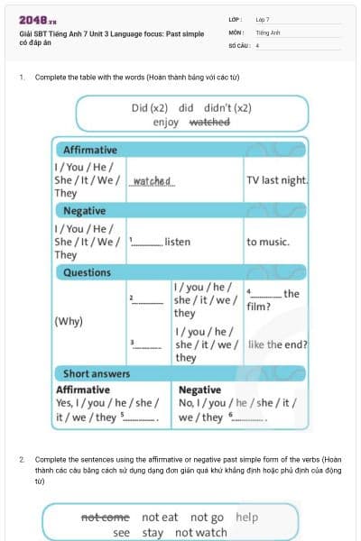 Giải SBT Tiếng Anh 7 Unit 3 Language focus: Past simple có đáp án