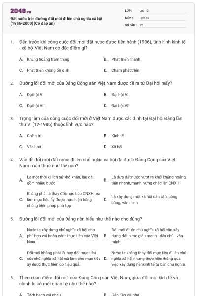Đất nước trên đường đổi mới đi lên chủ nghĩa xã hội (1986-2000) (Có đáp án)