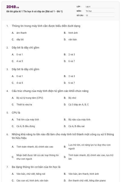Đề thi giữa kì 1 Tin học 6 có đáp án (Bài số 1 - Đề 1)