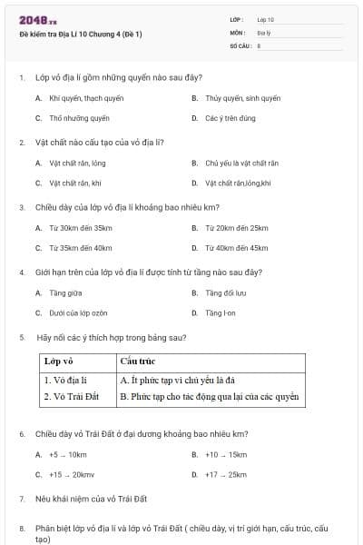 Đề kiểm tra Địa Lí 10 Chương 4 (Đề 1)