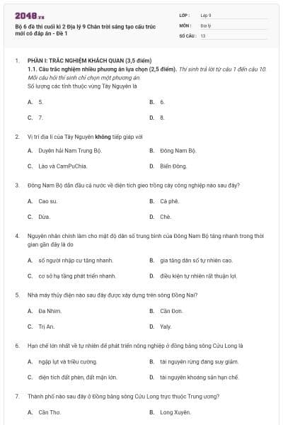 Bộ 6 đề thi cuối kì 2 Địa lý 9 Chân trời sáng tạo cấu trúc mới có đáp án - Đề 1