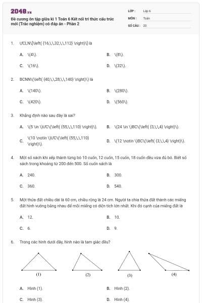 Đề cương ôn tập giữa kì 1 Toán 6 Kết nối tri thức cấu trúc mới (Trắc nghiệm) có đáp án - Phần 2