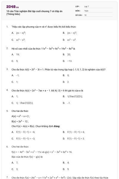 10 câu Trắc nghiệm Bài tập cuối chương 7 có đáp án (Thông hiểu)