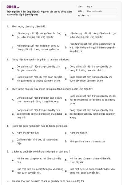 Trắc nghiệm Cảm ứng điện từ. Nguyên tắc tạo ra dòng diện xoay chiều lớp 9 (có đáp án)