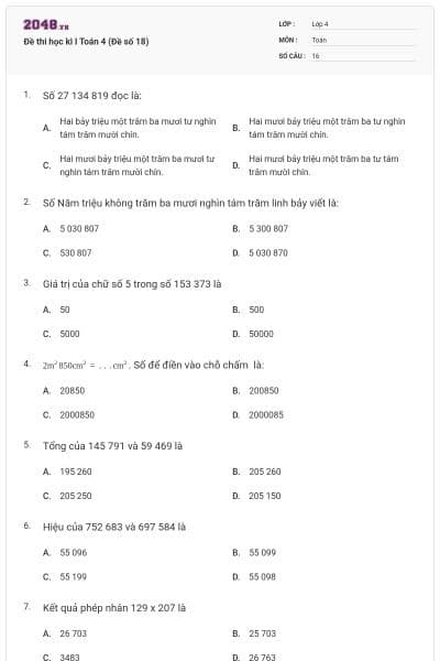 Đề thi học kì I Toán 4 (Đề số 18)