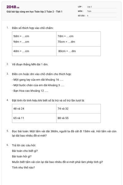 Giải bài tập cùng em học Toán lớp 2 Tuần 2 - Tiết 1