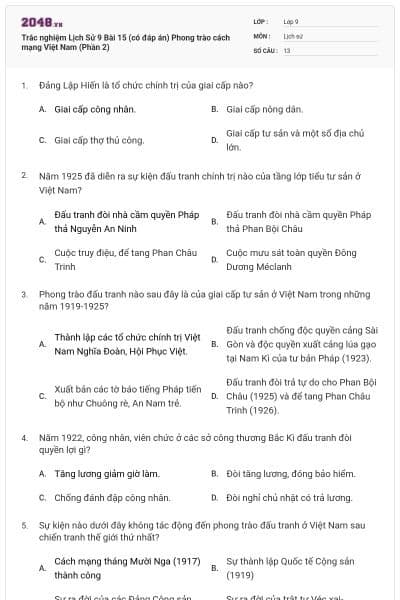 Trắc nghiệm Lịch Sử 9 Bài 15 (có đáp án) Phong trào cách mạng Việt Nam (Phần 2)