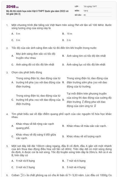 Bộ đề thi minh họa môn Vật lí THPT Quốc gia năm 2022 có lời giải (Đề 3)