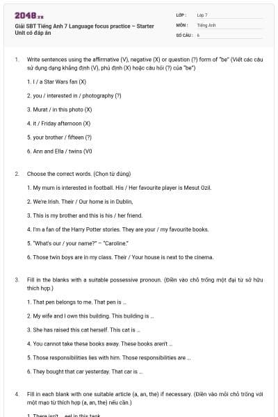 Giải SBT Tiếng Anh 7 Language focus practice – Starter Unit có đáp án