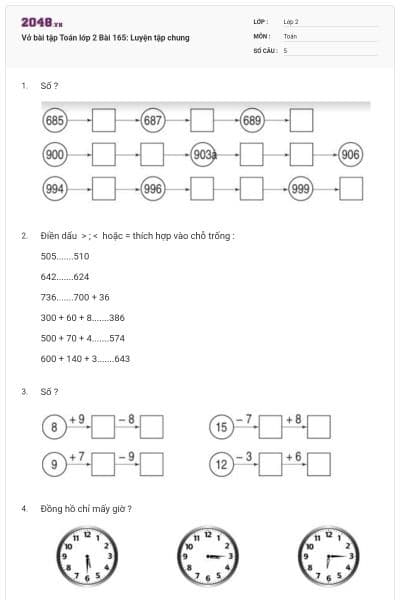 Vở bài tập Toán lớp 2 Bài 165: Luyện tập chung