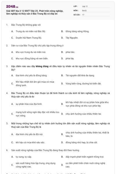 Giải SBT Địa lí 12 KNTT Bài 25. Phát triển nông nghiệp, lâm nghiệp và thủy sản ở Bắc Trung Bộ có đáp án