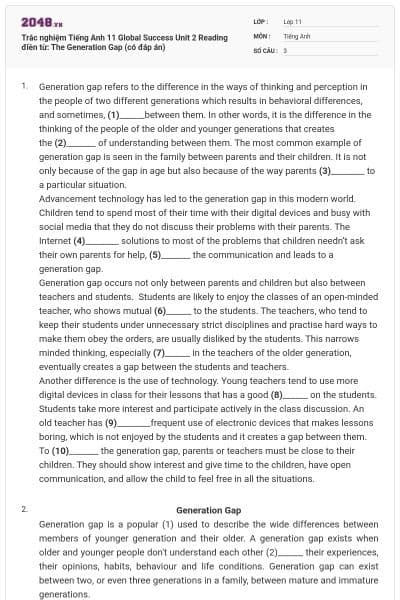Trắc nghiệm Tiếng Anh 11 Global Success Unit 2 Reading điền từ: The Generation Gap (có đáp án)