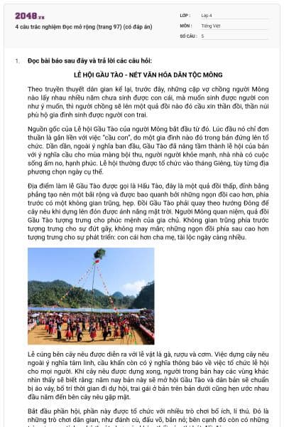 4 câu trắc nghiệm Đọc mở rộng (trang 97) (có đáp án)