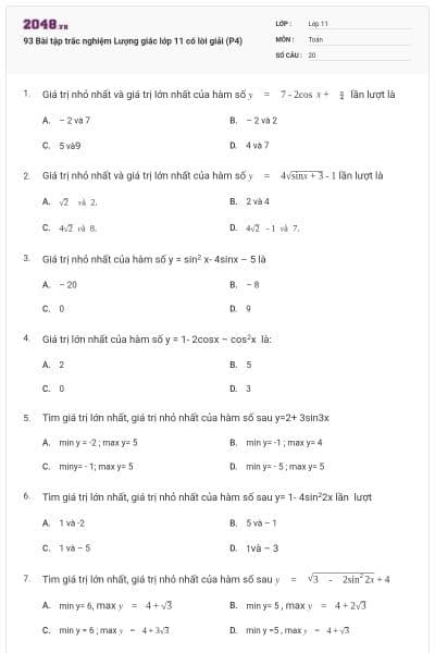 93 Bài tập trắc nghiệm Lượng giác lớp 11 có lời giải (P4)