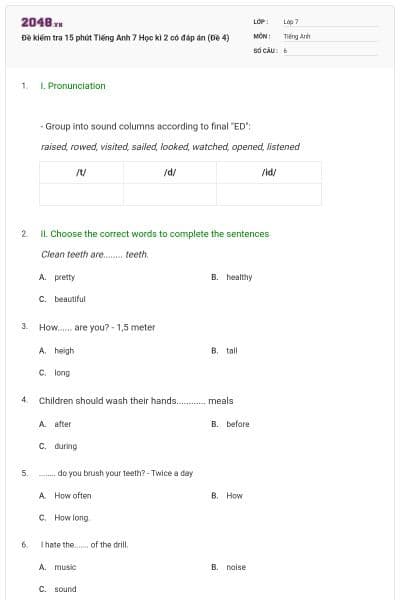 Đề kiểm tra 15 phút Tiếng Anh 7 Học kì 2 có đáp án (Đề 4)