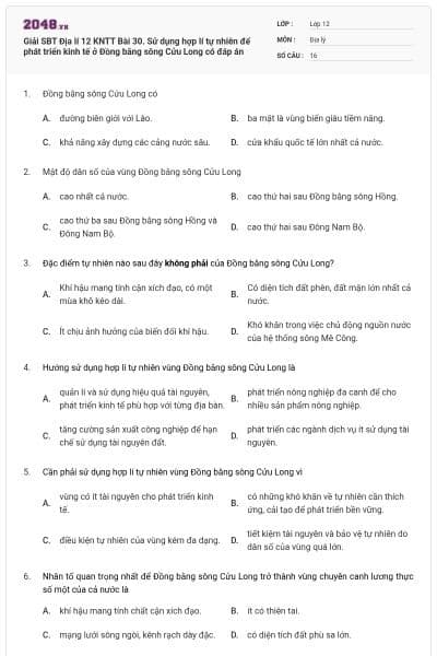 Giải SBT Địa lí 12 KNTT Bài 30. Sử dụng hợp lí tự nhiên để phát triển kinh tế ở Đồng bằng sông Cửu Long có đáp án