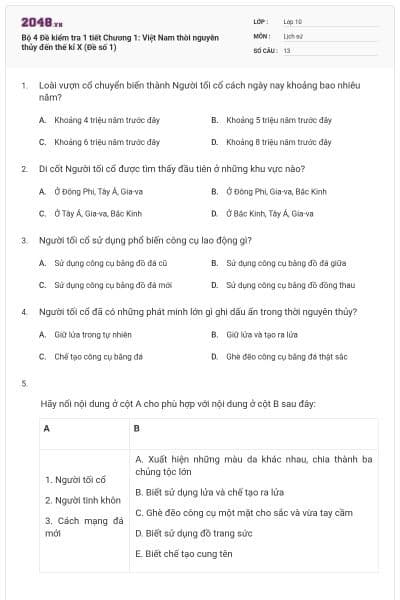 Bộ 4 Đề kiểm tra 1 tiết Chương 1: Việt Nam thời nguyên thủy đến thế kỉ X (Đề số 1)