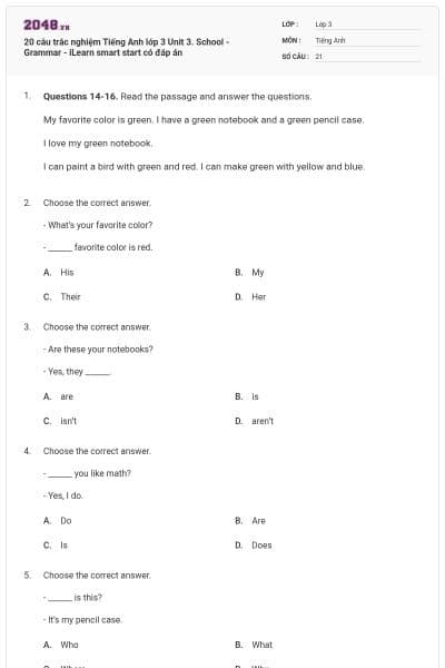 20 câu trắc nghiệm Tiếng Anh lớp 3 Unit 3. School - Grammar - iLearn smart start có đáp án