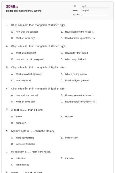 Bài tập Trắc nghiệm Unit 3 Writing