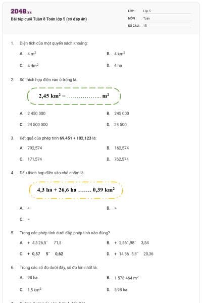 Bài tập cuối Tuần 8 Toán lớp 5 (có đáp án)