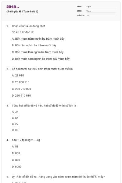Đề thi giữa kì 1 Toán 4 (Đề 6)