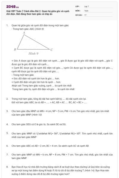 Giải VBT Toán 7 Cánh diều Bài 2. Quan hệ giữa góc và cạnh đối diện. Bất đẳng thức tam giác có đáp án