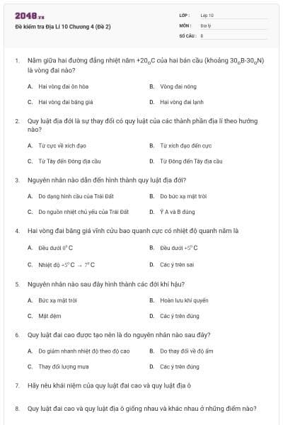 Đề kiểm tra Địa Lí 10 Chương 4 (Đề 2)
