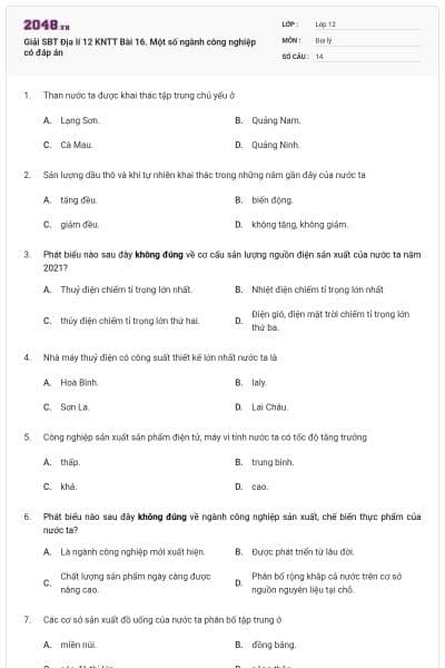 Giải SBT Địa lí 12 KNTT Bài 16. Một số ngành công nghiệp có đáp án