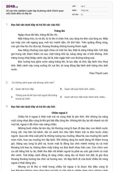 20 câu trắc nghiệm Luyện tập tả phong cảnh (Cách quan sát) Cánh diều có đáp án