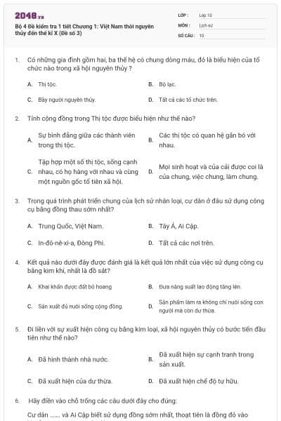 Bộ 4 Đề kiểm tra 1 tiết Chương 1: Việt Nam thời nguyên thủy đến thế kỉ X (Đề số 3)