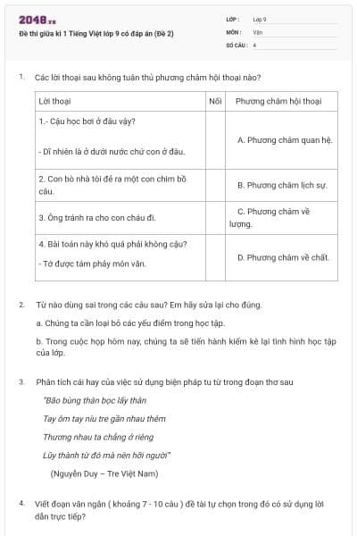 Đề thi giữa kì 1 Tiếng Việt lớp 9 có đáp án (Đề 2)