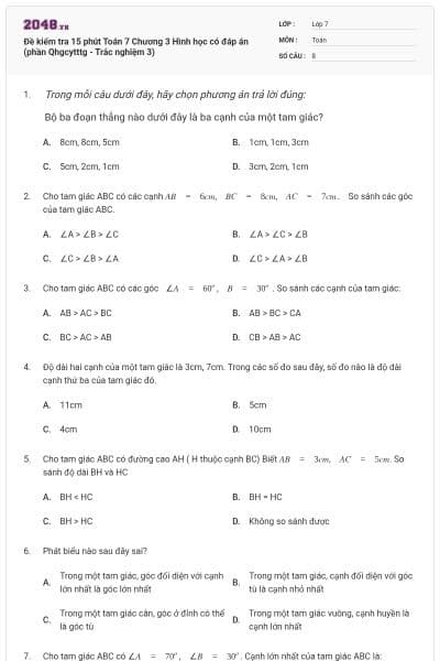 Đề kiểm tra 15 phút Toán 7 Chương 3 Hình học có đáp án (phần Qhgcytttg - Trắc nghiệm 3)