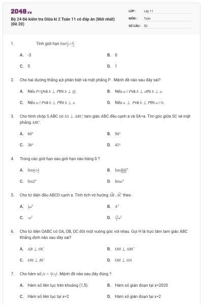 Bộ 24 Đề kiểm tra Giữa kì 2 Toán 11 có đáp án (Mới nhất) (Đề 20)