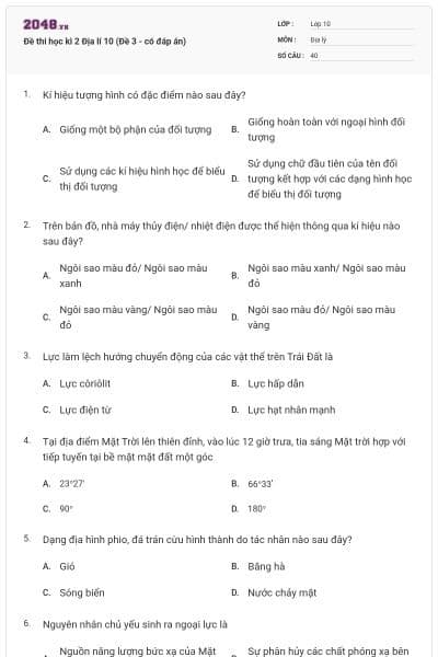 Đề thi học kì 2 Địa lí 10 (Đề 3 - có đáp án)