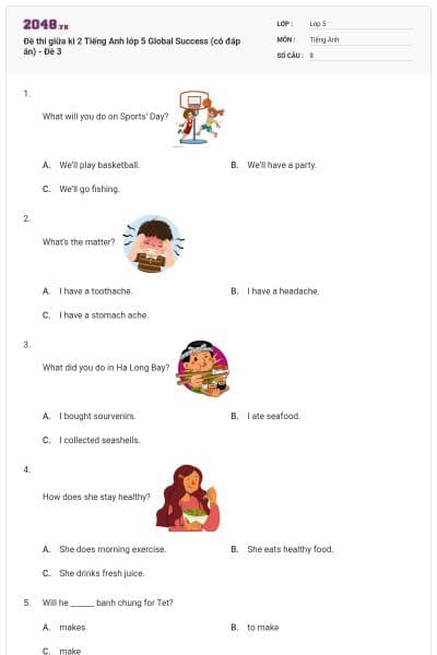 Đề thi giữa kì 2 Tiếng Anh lớp 5 Global Success (có đáp án) - Đề 3