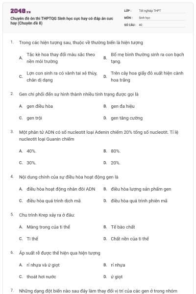 Chuyên đề ôn thi THPTQG Sinh học cực hay có đáp án cưc hay (Chuyên đề 8)