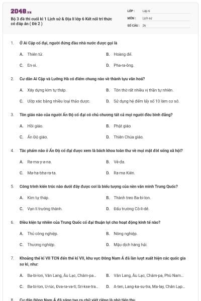 Bộ 3 đề thi cuối kì 1 Lịch sử & Địa lí lớp 6 Kết nối tri thức có đáp án ( Đề 2 )
