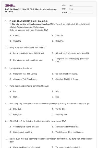 Bộ 5 đề thi cuối kì 2 Địa lí 7 Cánh diều cấu trúc mới có đáp án - Đề 1