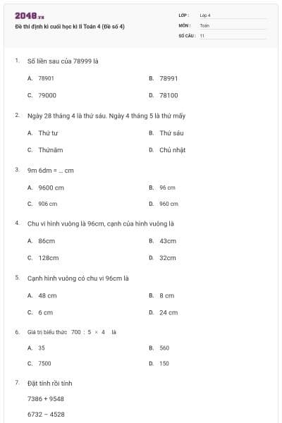 Đề thi định kì cuối học kì II Toán 4 (Đề số 4)