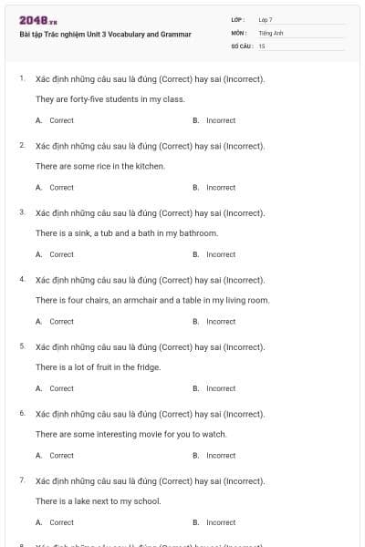 Bài tập Trắc nghiệm Unit 3 Vocabulary and Grammar