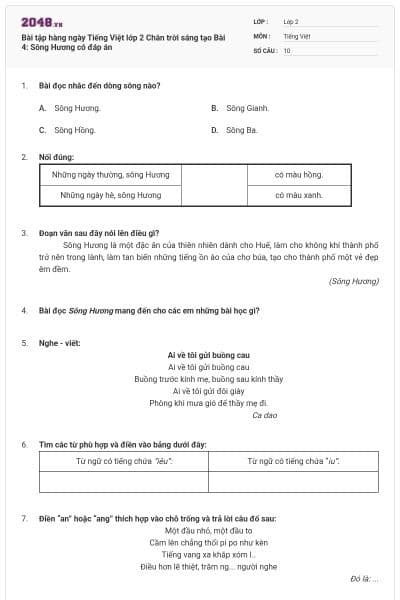 Bài tập hàng ngày Tiếng Việt lớp 2 Chân trời sáng tạo Bài 4: Sông Hương có đáp án