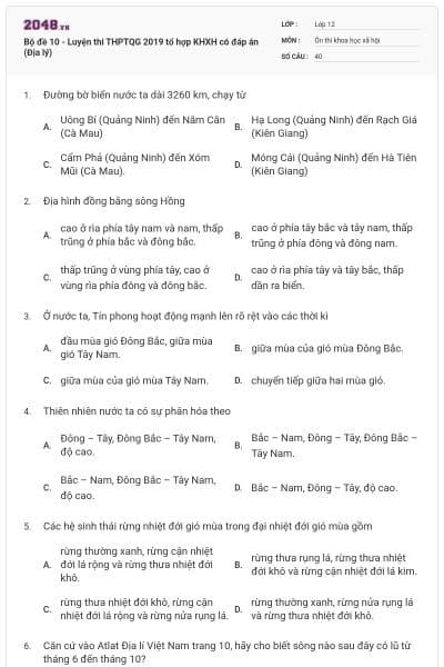 Bộ đề 10 - Luyện thi THPTQG 2019 tổ hợp KHXH có đáp án (Địa lý)