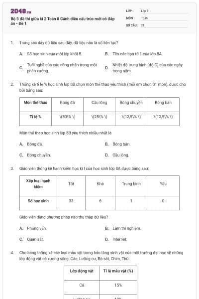 Bộ 5 đề thi giữa kì 2 Toán 8 Cánh diều cấu trúc mới có đáp án - Đề 1