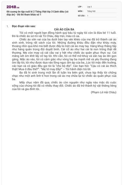 Đề cương ôn tập cuối kì 2 Tiếng Việt lớp 3 Cánh diều (có đáp án) - Đề thi tham khảo số 1