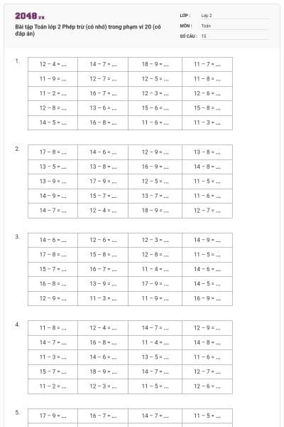 Bài tập Toán lớp 2 Phép trừ (có nhớ) trong phạm vi 20 (có đáp án)