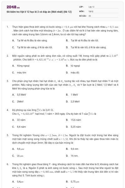 Đề kiểm tra Vật lí 12 học kì 2 có đáp án (Mới nhất) (Đề 12)