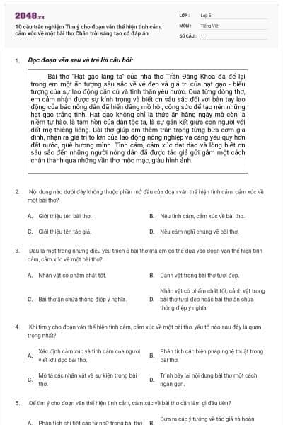 10 câu trắc nghiệm Tìm ý cho đoạn văn thể hiện tình cảm, cảm xúc về một bài thơ Chân trời sáng tạo có đáp án